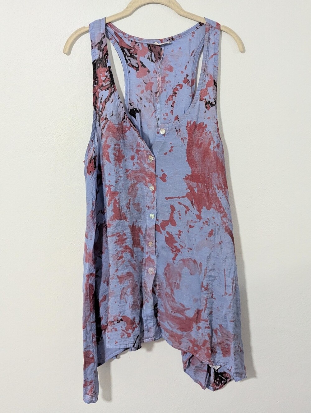 Habitat Tie Dye Trapeze Tank Top Button Racerback Asymmetrical Blue Red Medium M